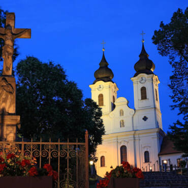 Tihany Abbey at night in Hungary.